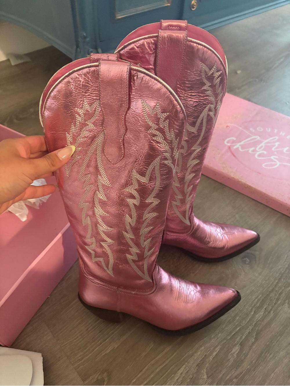 Women's Metallic Pink Embroidered Cowboy Boots